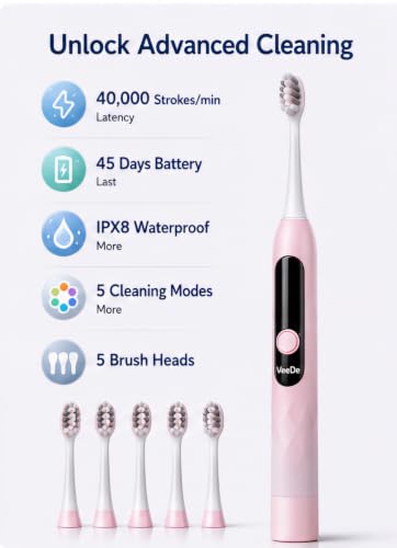 Image of Sonic Electric Datun (Electric Toothbrush) for Adults | 40000 Strokes /min, 5 Modes, Soft Bristles, 5 Heads, 45-Day Battery, IPX8 (Pink)