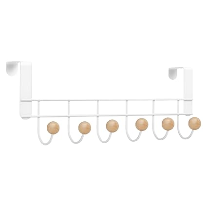 ROTATE COLOR Over The Door Hanger, Sturdy Metal Over The Door Wooden Hooks Organizer Rack for Hanging Coats Hats Robes Towels, Bathroom Bedroom Door Hangers - White