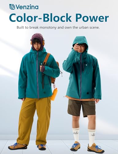 Image of Venzina Men's Waterproof Rain Jacket-Lightweight Windbreaker with Color Block Design, Breathable for Urban Outdoor, Daily Commuting I Fashion Unisex Couple Jacket