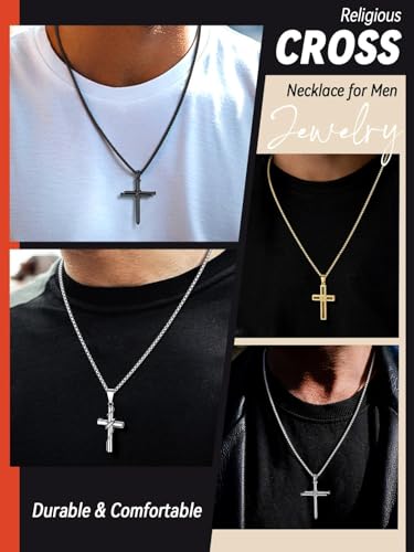 FaithHeart Stainless Steel Cross Necklace for Men, Silver/Black/Gold Cross Chains for Men Religious Amulet Necklaces Christian Gifts for Dad4
