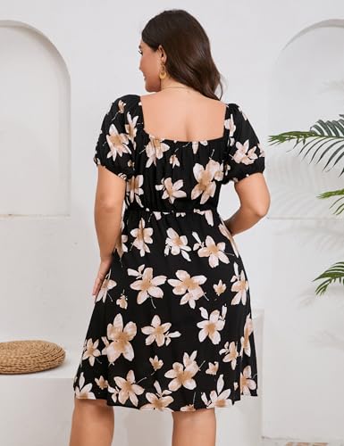 Image of Plus Size Women Boho Floral Dress Puff Short Sleeve Square Neck Button Front A-Line Flowy Summer Casual Midi Dress