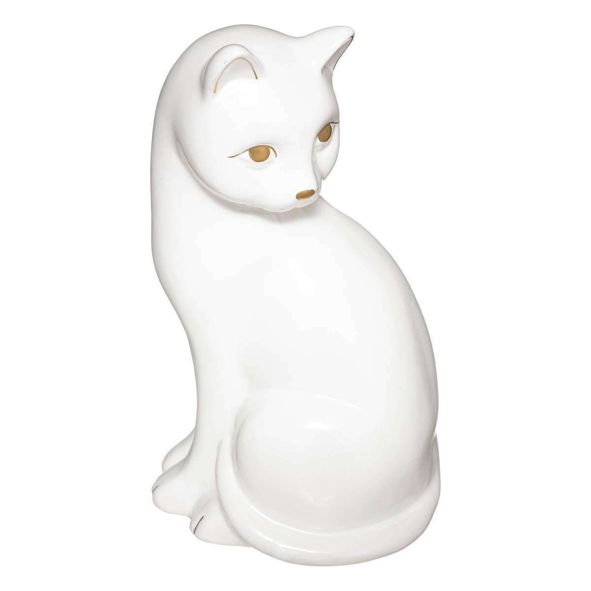 Statuette Vintage Couple De Chats En Céramique Blanche - 18,5 Cm - Fait Main