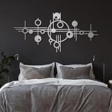 Decorazione murale astratta contemporanea in Metallo con linee e cerchi, scultura Geometrica, Grande Forma rotonda da appendere, lusso Moderno e irregolare (57x121 cm, Argento)