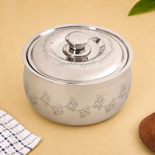 Image of Nestasia Stainless Steel Insulated Casserole with Lid (2000 ml) - 100% Food Safe Casserole for Roti Hot Case with Floral Vine Pattern - Keeps Food Hot & Cold | Rust Resistant & BPA - Free