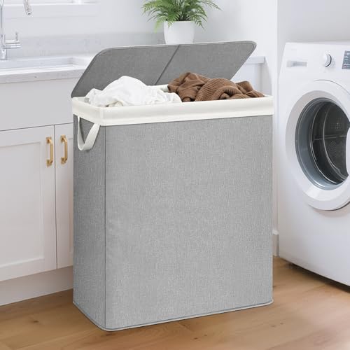 STORAGE MANIAC Double Laundry Hamper with Lid, 140L Tall Metal Frame Laundry Baskets with Removeable Bag, Large Clothes Hamper with PU Tag, Laundry Bin for Dorm, Collage, Bathroom, Bedroom, Gray by STORAGE MANIAC - Image 9
