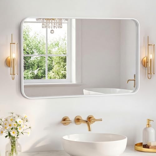 Image of Sweetcrispy Bathroom Mirror 36x24 Inch Metal Framed Rounded Rectangle Vanity Mirror for Wall, Over Sink, Farmhouse, Restroom, Anti-Rust, Modern Decorative, Horizontal or Vertical Hanging, White