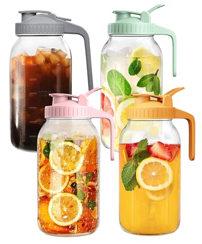 64oz Large Glass Pitcher with Lid & Spout,2 Quart Breastmilk Pitchers Upgraded Leak Proof, for Sun Tea, Iced Juice, Cold Brew Coffee, Breastmilk Storage Container-4PACK(Gray+Pink+Green+Yellow)