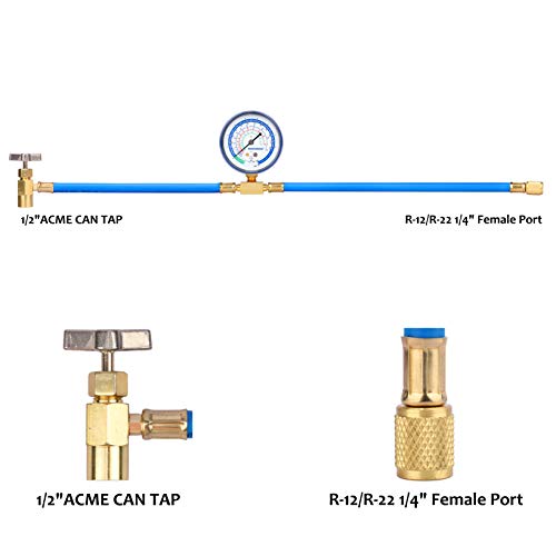 Measureman Can Tap With Gauge, 20" Hose Refrigerant Recharger With Pressure Gauge, R-134A Can Tap To R-12/R-22 1/4" Female Port, #TOP3