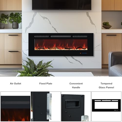 Electric Fireplace 65 in, Wall Mounted & Recessed Electric Fireplace Inserts, Remote & Touch Screen Control, 169 Flame Color Combinations, Timer& Thermostat Fireplace Heater, 1500W, Black - Thumbnail 4