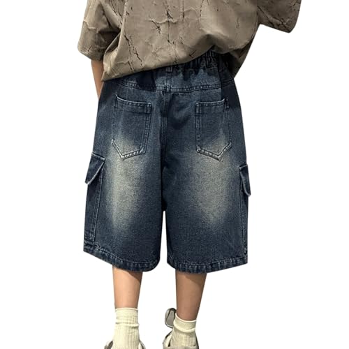 Boys Cargo Jean Shorts Knee Length Elastic Waist Baggy Denim Pants Patchwork Vintage Teenager Summer Y2K Streetwear4