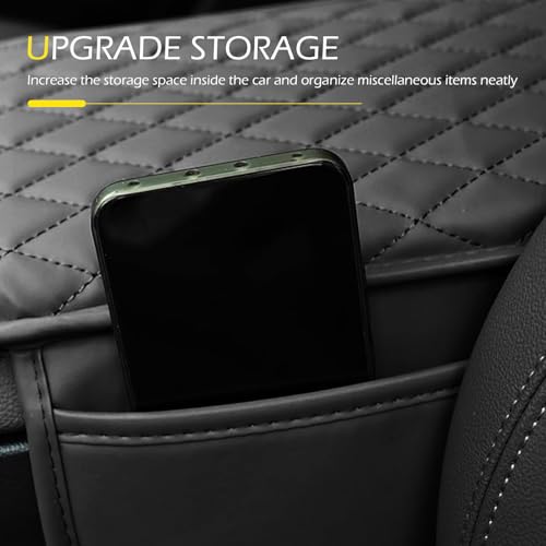 Hugwits Car Center Console Cover, Waterproof Leather Car Armrest Cover Cushion with Side Storage Pockets, Upgraded Vehicle Armrest Storage Box, Universal for SUV, Sedan, Truck (Black)