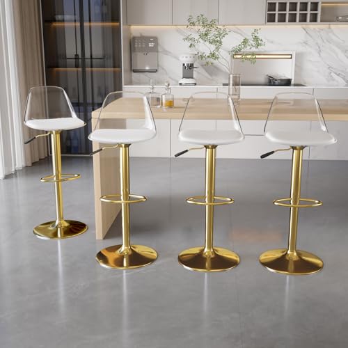 Juego de 4 Butacos Acrílicos con Respaldo Transparente, Altura Ajustable y Giro 360°, Asiento de Cuero PU, Patas de Metal Doradas, Estilo Moderno miniatura 1