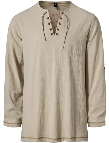 Image of JEMITOP Men's Pure Cotton Vintage Lace Up Shirts for Pirate Renaissance Viking Medieval Costume Without Belt