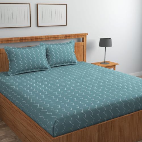 Image of NHD HOME Premium Cotton Elastic Fitted Bedsheets with 2 King Size Pillow Covers | Double Bed with All Around Elastic 220 TC Supersoft |Size-72 King Sizex78+10 inches | Floral, Teal