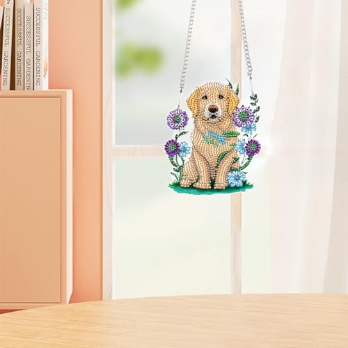 Image of AiYuanzsh Golden Retriever Dog Diamond Art Painting Hanging Pendant Kit Animal Special Shaped Diamond Dots Art Acrylic Ornaments Diamond Art Pendant for Adult Home Wall Window Decor Gift