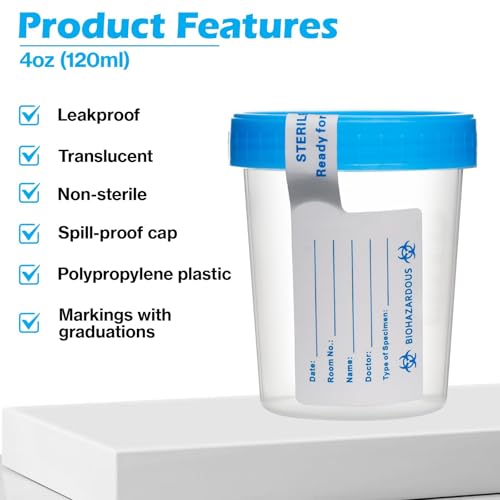 RXLWYUNLAE 30 Pcs 4 oz Disposable Specimen Cups for Urine Fecal Testing with Leakproof Screw Lids Labels Blue Lids - Thumbnail 3