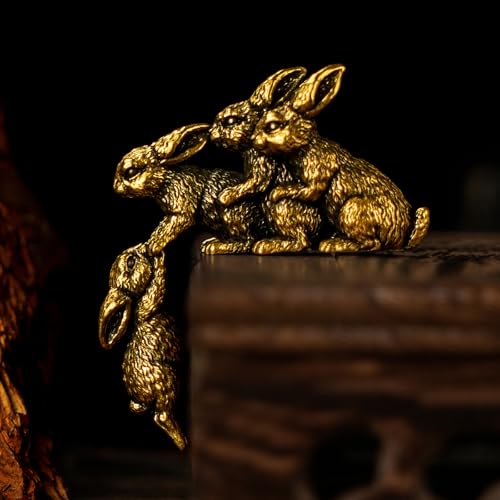 CHOVY Solid Brass Rabbit Figurine Set - Four Retro Rabbits 100% Pure Brass Handmade Vintage Collectible Mid-Century Modern Desk Decor for Office Bookshelf Mantel & Unique Easter Gift
