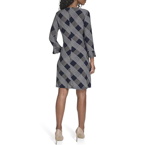 Image of Tommy Hilfiger Women's 3 /4 Ruffle Trim Sleeve Round Neck Jersey Shift Mini Dress