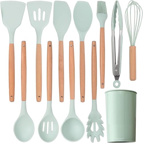 Image of Silicone Spatula Set, Spatula Set with Wooden Handle for Cooking and Mixing, for Non Stick Pan, Kitchen Tools Set of (12, Light Green)