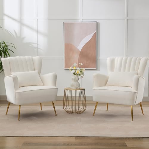 WUTUTUEE Fabric Accent Living Room Arm Chair Set of 2 Mid Century Modern Chairs with Pillow & Golden Legs, 8.5