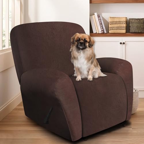 Image of ANARACHON Leather Look Recliner Chair Covers, 4 Pieces Recliner Covers Non Slip, Soft Cover for Reclining Chair, Washable Furniture Protector for Pets (1 Seater, 024 Chocolate)