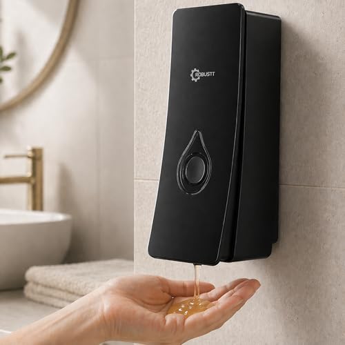 Image of Robustt Manual Wall Mounted Liquid Soap Dispenser - Black (200 ml, Pack of 1) - with Adhesive Hooks | Leak-Proof, Transparent Window, Easy Installation