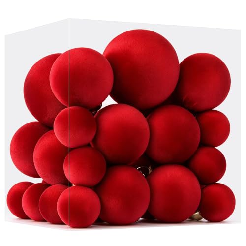 Velvet Christmas Ball Ornaments - 30pcs Flocked Christmas Ornaments Set Shatterproof Classic Hanging Xmas Tree Decorations with Rope for Wreath Holiday Home Decor (Red) - image 1