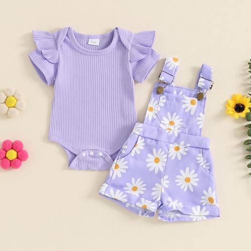 DSORVICD Newborn Baby Girl Summer Clothes Ribbed Ruffle Short Sleeve Romper Daisy Suspender Overall Shorts 2Pc Outfits2
