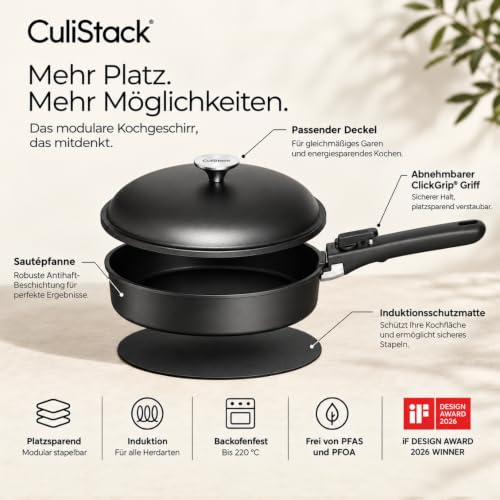 CuliStack® One Set 4-teilig, Stapelbar, Platzersparnis, Ofenfest, Abnehmbarer Griff, Für Induktion Geeignet, PFAS-frei… – Ansicht 3