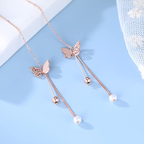 SLUYNZ Sterling Silver Butterfly Threader Earrings Dangle Chain for Women Teens Pearl Long Dangle Earrings Tassel4