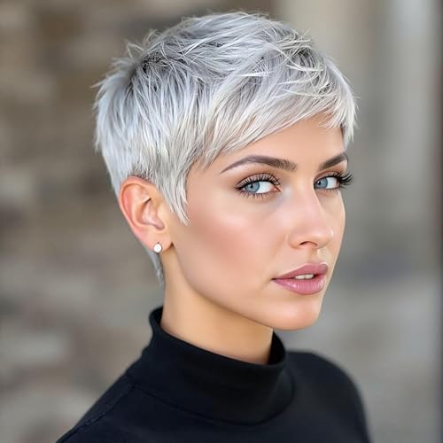 Platinum Pixie Cut Synthetic Wig, Short Silver Gray Hair, Texture...