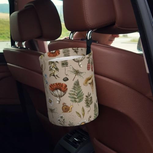 Image of Car Trash Bag Vintage Mushroom Forest Plants Waterproof Trash Small Car Can Portable Collapsible Car Garbage Can Hanging for Back Seat Floor or Hanging Headrest Car Decor Road Trip Essentials