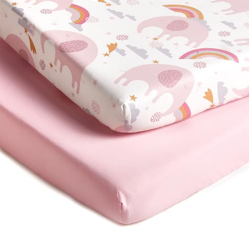 Image of TILLYOU Mini Crib Fitted Sheets - Soft Knit Sheet for Pack N Play, Microfiber Mini Crib Sheets, 38 x 24 Playpen Bedding Sheet for Baby 2 Pack, Machine Washable, Rainbow Elephant