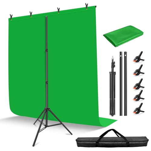 Hemmotop T-Shape Portable Background Backdrop Stand Kit 5x6.5ft with Photography Green Muslin Background Screen and 5 Clip Clamps,for Photo Video Studio