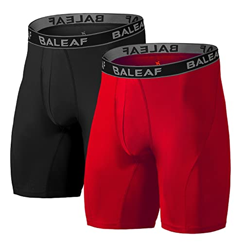 BALEAF Men s Performance Boxer Briefs 9 Athletic Underwear Long Leg Cool Dry with Fly 2-Pack Black Red Size L