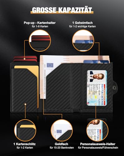 dwnkove Kartenetui Herren, Slim Wallet Geldbeutel mit Münzfach & RFID Schutz, Pop-Up Smart Wallet aus Kohlefaser, Kreditkartenetui für 8 bis 12 Karten, Wallets for Men, ID-Fenster, Fach für Bargeld