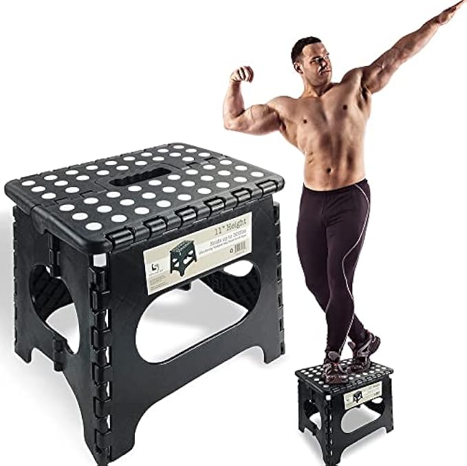 Spranster Extra Strong Folding Step Stool - 11" - Sturdy enough to hold 300 lbs - Lightweight Foldable Step Stool for Adults and Kids - One flip open - Great for kitchens, bathrooms and bedroom