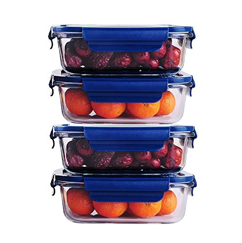 ginoya brothers -Glass Food Storage Containers with Blue Lids, Glass Meal Prep Containers, Airtight Glass Lunch,BPA Free & Leak Proof [Pack-4]