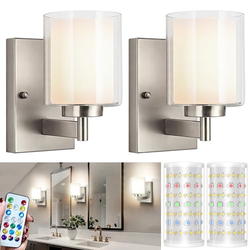 Image of Battery Operated Wall Sconce Set of 2, 10000mAh Wireless Rechargeable Wall Sconce with Remote Control, RGB Dimmable Bathroom Light Fixtures with Double Clear Glass Shade for Mirror Bedroom