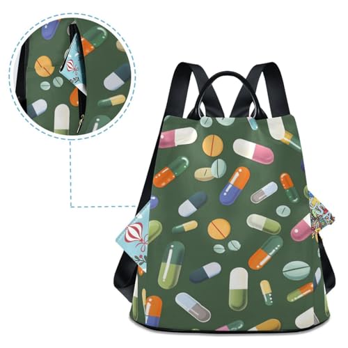 KLL Colorful Various Pills Green Fashion carry on backpack multipurpose large backpack for women for Daily College Shopping with Pom-pom keychain4