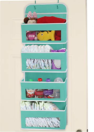 SimpleHouseware Over Door/Wall Mount 4 Clear Window Pocket Organizer, Turquoise