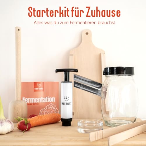 SauerZauber Starterkit Fermentation – großes Fermentierset für Gemüse wie Kimchi, Sauerkraut - 1 L Fermentierglas, Fermentiergewicht, Krauthobel & Zubehör – Fermentieren leicht gemacht.