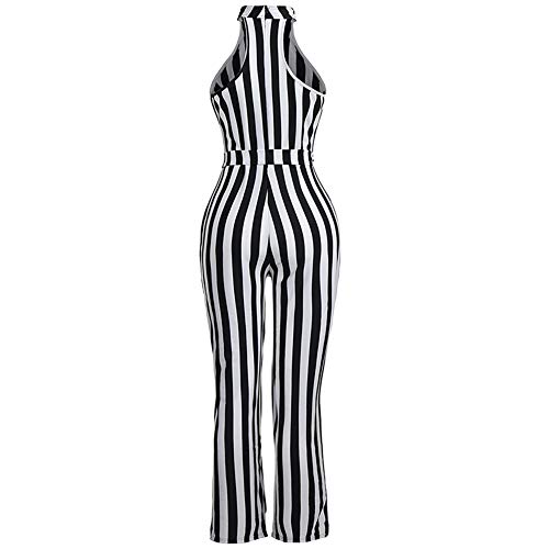 Macacão Feminino Roupas da Moda 2019 Listras Sem Mangas Halter Magro Calças Romper Com Cinto (Preto,