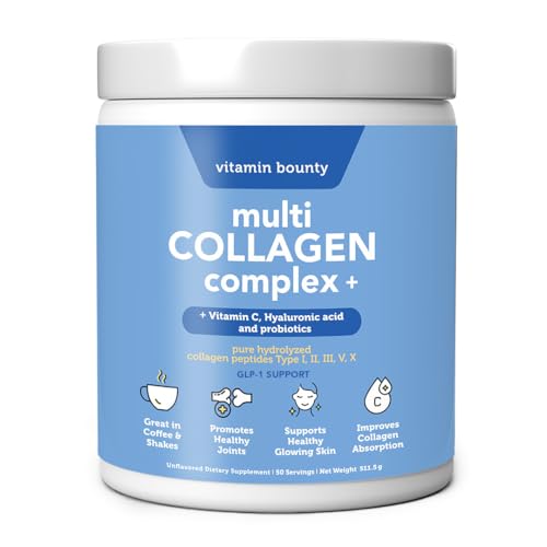 Vitamin Bounty Multi Collagen Complex Plus Powder - 5 Types of Hydrolyzed Collagen Peptides for Women & Men Skin, Hair, Joints & Gut Health w/Vitamin C, Hyaluronic Acid & Probiotics | 50 Servings