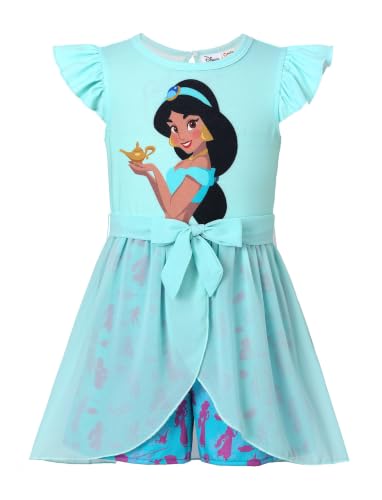 Disney Princess Jasmine Toddler Girl Romper With Tulle Skirt Overlay Turquoise Charater Print Ruffle Sleeve Tie Waist Bow Summer Jumpsuit 4-5T