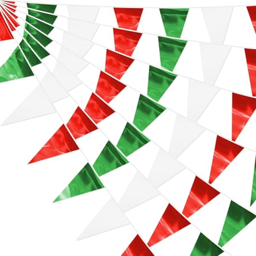 Image of 65FT White Green Red Glitter Triangle Pennant Banner Flag Metallic Bunting Fabric Garland for Christmas Italy Mexican Birthday Baby Shower Wedding Banners,New Years Winter Decor Ouruola