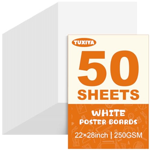 Image of TUXIYA 50 Pack White Poster Board,22 inch x 28 inch White Poster Paper Bulk | 250GSM /92LB Heavy-Weight Blank Poster Board for Arts,Craft,Projects Presentations,Drawing Scrapbooking