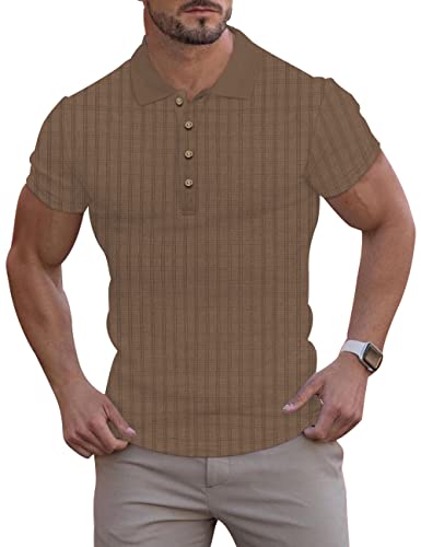 Logeeyar Mens Muscle Plaid Knit Polo Shirt Stretch Short Sleeve Casual Tee Golf Slim Fit Texture T Shirt #TOP23