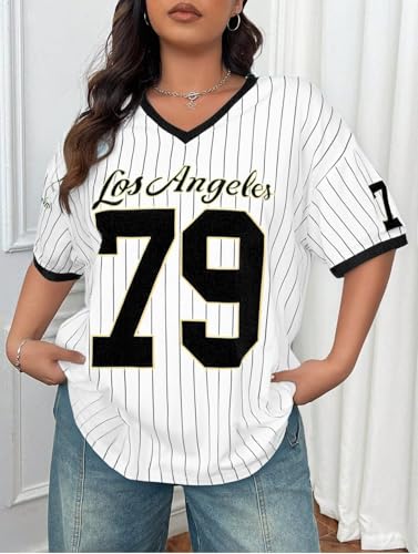 Oversized Jersey Shirts for Women V Neck Tshirt Striped Number Graphic Shirt Casual Y2k Streetwear Tee Tops3