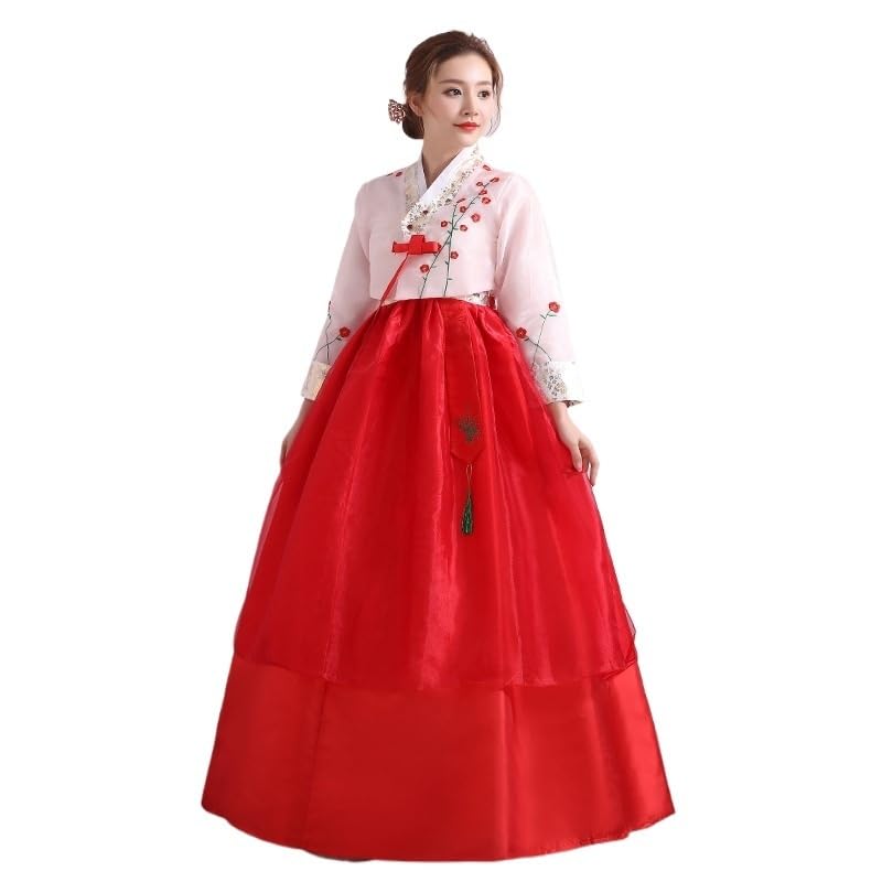 HIMKSRE Hanbok for Women Korean Traditional Costume Minority Palace Performance Court Clothes Flower New Year Wedding Party Dance Dress(Pink,L)